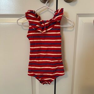 Hanna Andersson 3T Ruffle Striped Swimsuit - Red, Blue, White